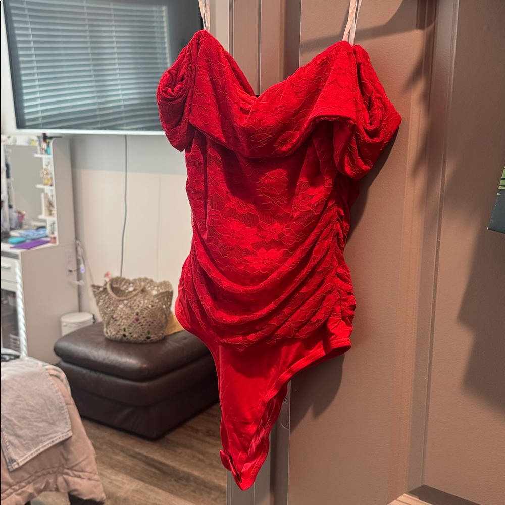 Lulus Sultry Whimsy Red Lace Off-the-shoulder Bodysuit - Size L - Picture 2 of 5